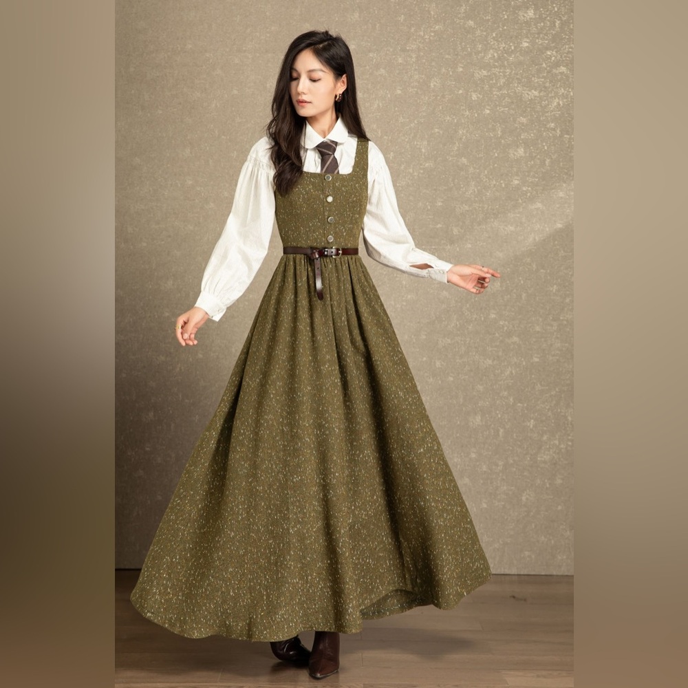 Ylistyle Fit And Flare Long Sleeveless Wool Dress Green Size Medium $99